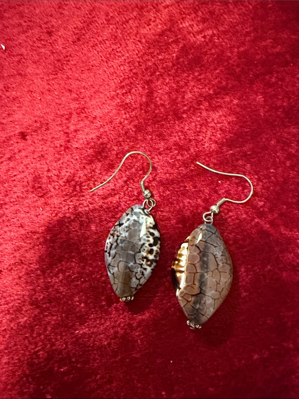 Sterling silver like new stone  Brown Marbled Leaf Drop Earrings